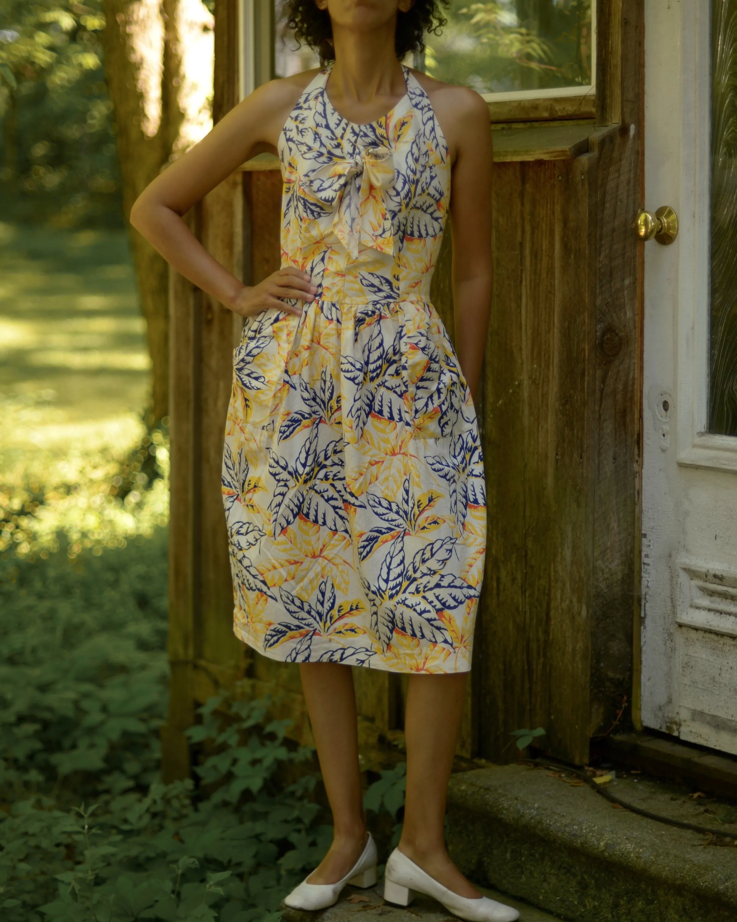 1940s cotton novelty plant print halter dress, small-medium