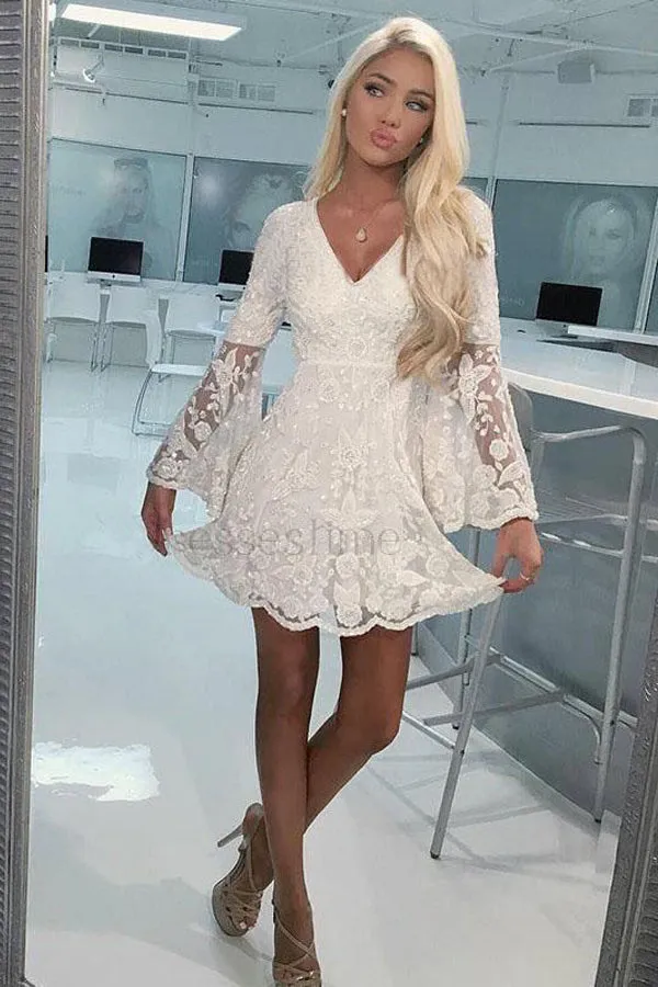 A-Line Bell Sleeves Short Ivory Lace Homecoming Dress Graduation Dresses PD495