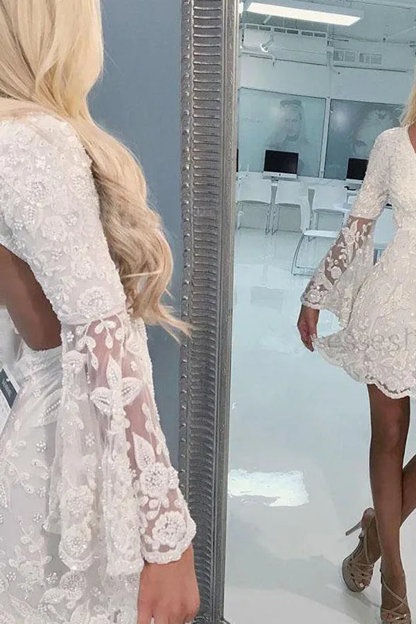 A-Line Bell Sleeves Short Ivory Lace Homecoming Dress Graduation Dresses PD495