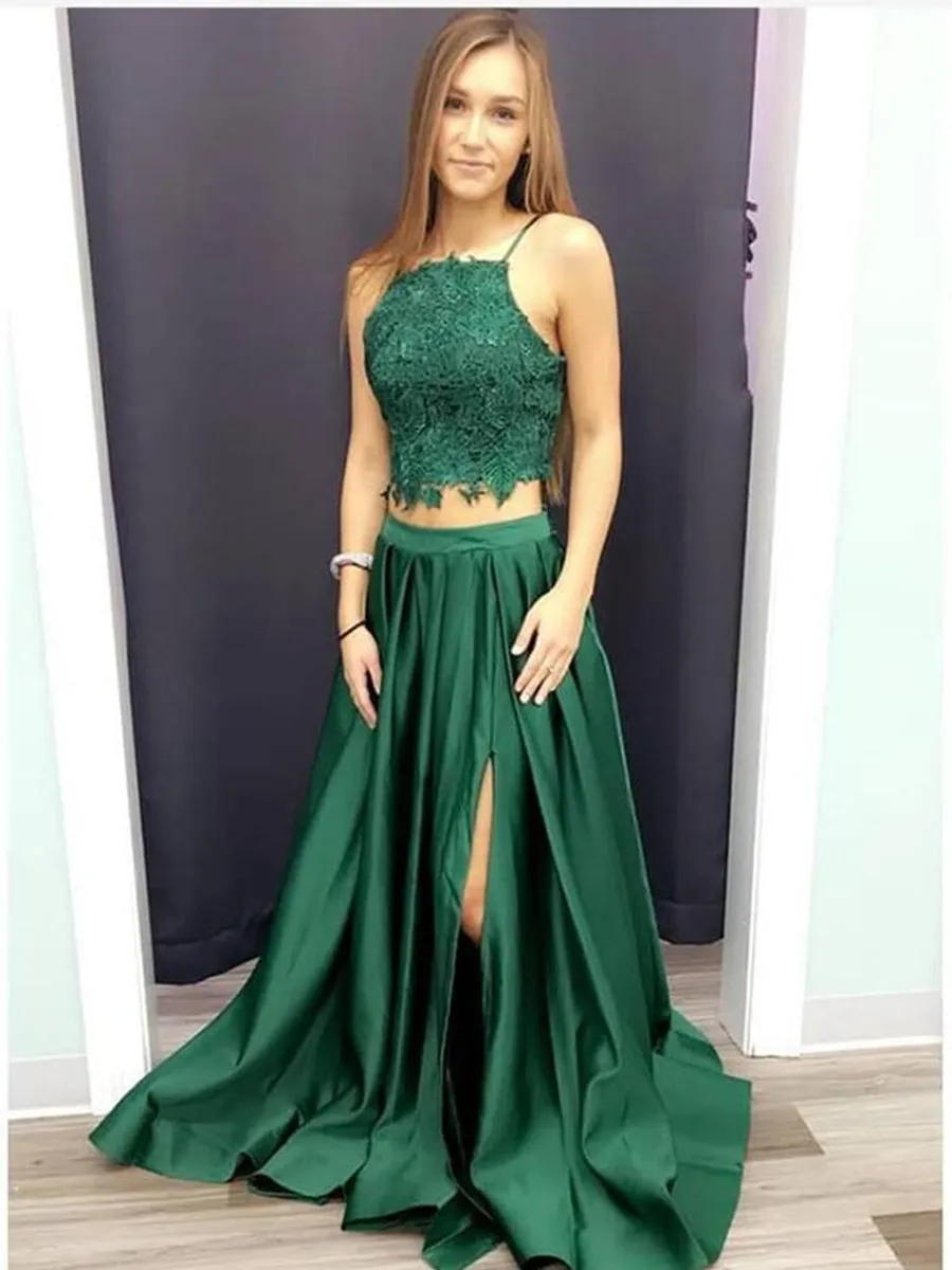 A Line Halter Neck Two Pieces Lace Green Prom with Leg Slit, Lace Green Formal, Evening