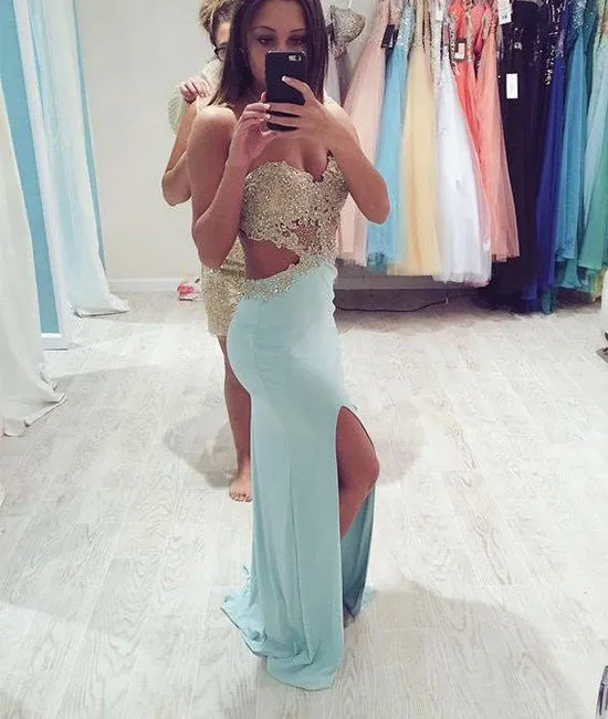 A Line Mermaid Backless Lace Baby Blue Prom Dresses, Lace Baby Blue Formal Dresses