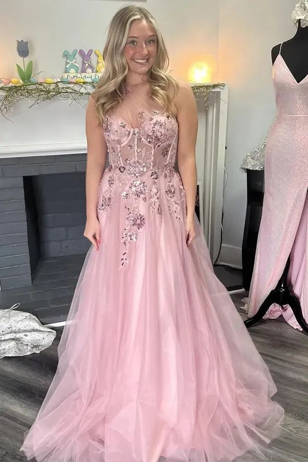 A-Line One Shoulder Appliques Tulle Pink Long Prom Dress PSK584