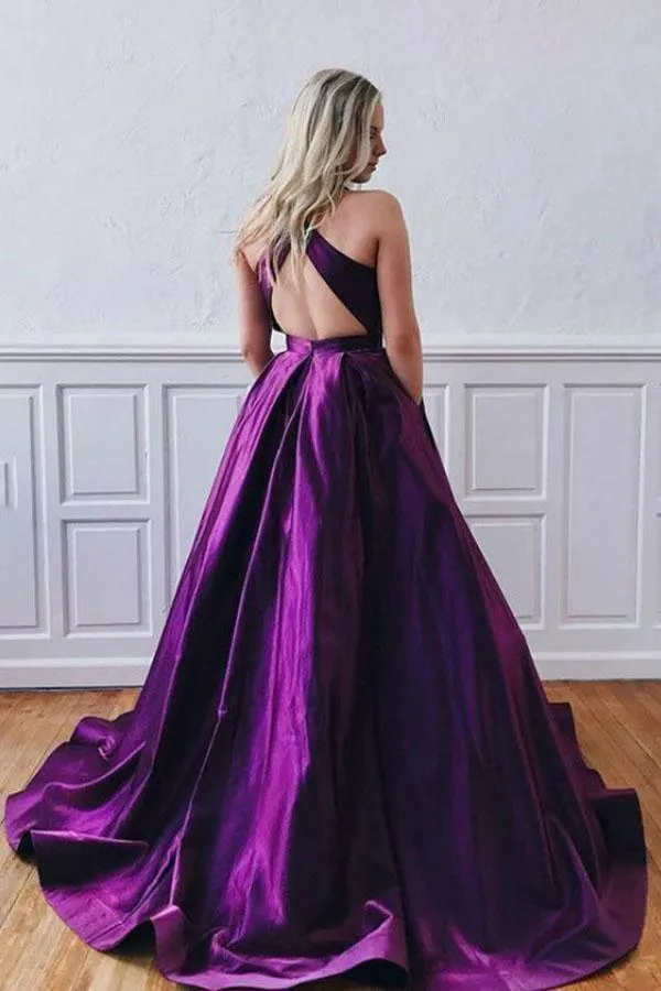 A-Line Purple Satin Backless Long Crossed Straps Prom/Formal Dress PG987