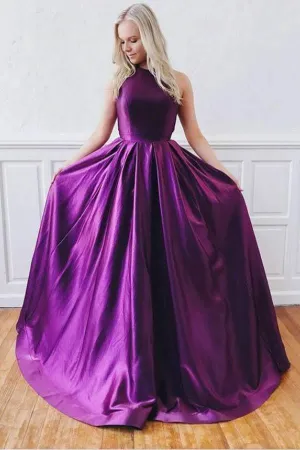 A-Line Purple Satin Backless Long Crossed Straps Prom/Formal Dress PG987