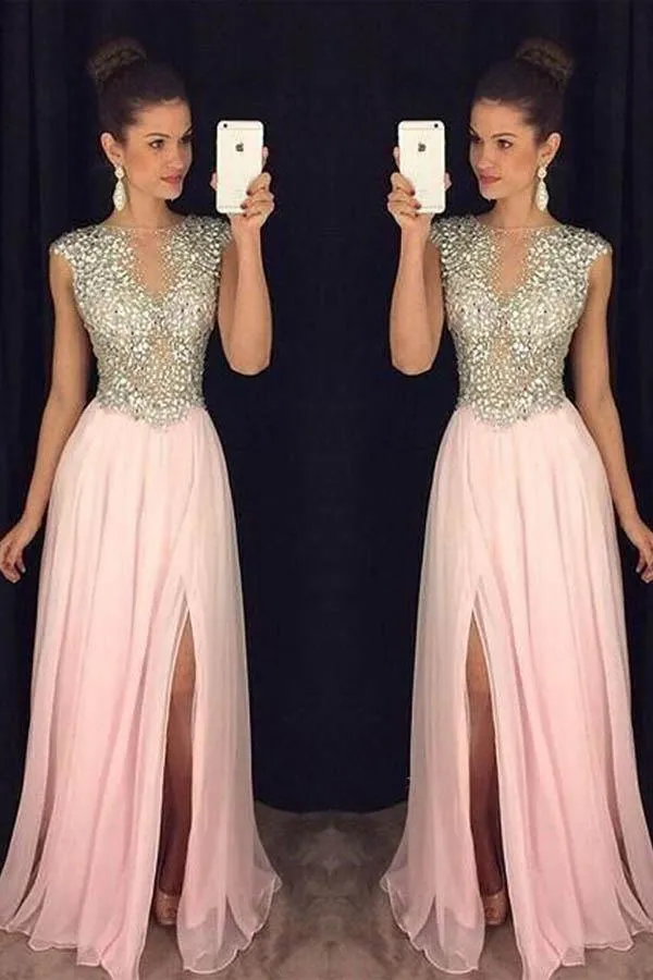 A Line Round Neck Pink Chiffon Split Long Prom Dresses with Beading PG765