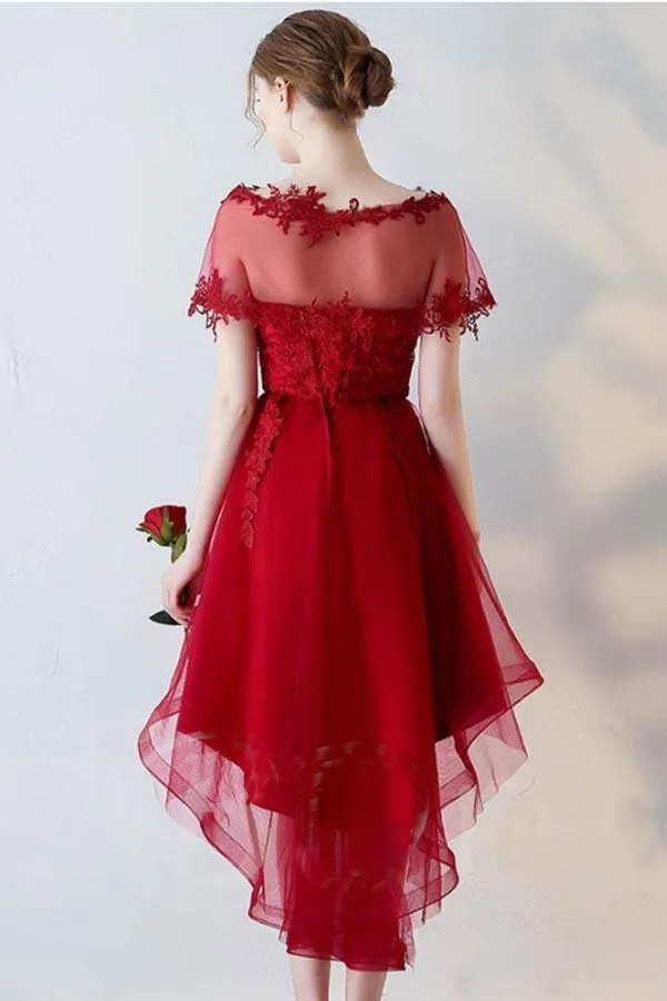 A-Line Short Sleeves Appliques Sweetheart Asymmetry Homecoming Dress PD141