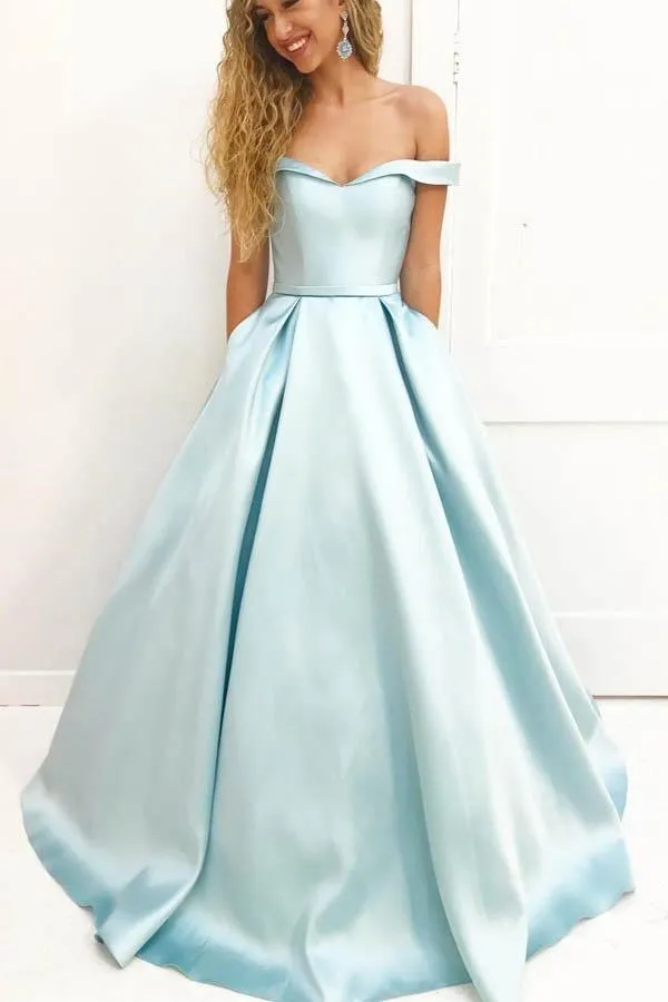 A-line Simple Off Shoulder Satin Long Prom Dress with Pockets PG664