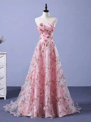 A Line Strapless Open Back 3D Pink Lace Prom Dresses, Pink Formal Graduation Evening Dresses with 3D