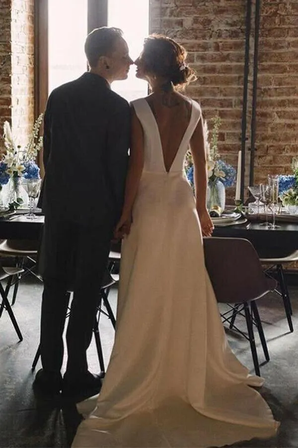 A Line V Neck Open Back Satin Long Wedding Dresses with Pockets WD005