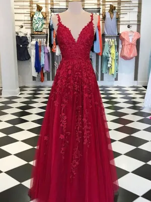 A Line V Neck Spaghetti Straps Floor Length Backless Burgundy/Red Lace Long Prom, Lace Burgundy/Red Formal