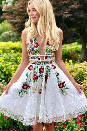 A-line White Short Prom Dress Homecoming Dress with Floral  PD248