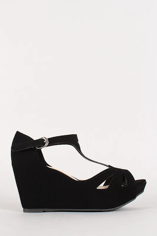 Bamboo Nubuck Buckle Cut Out Open Toe Platform Wedge