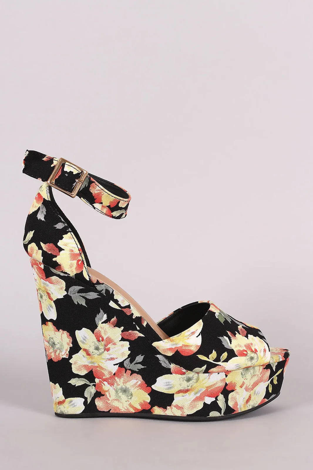 Bamboo Tropical Print Ankle Strap Platform Wedge