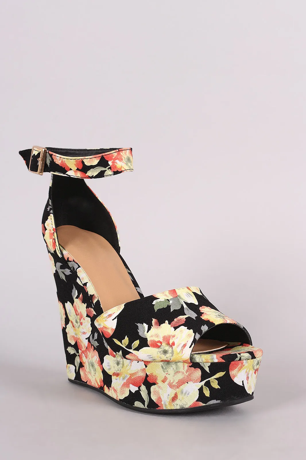 Bamboo Tropical Print Ankle Strap Platform Wedge