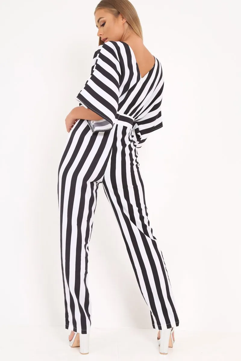 Black And White Stripe Kimono Sleeve Jumpsuit - Pilar