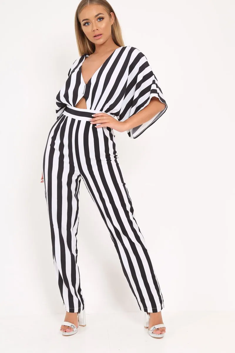 Black And White Stripe Kimono Sleeve Jumpsuit - Pilar