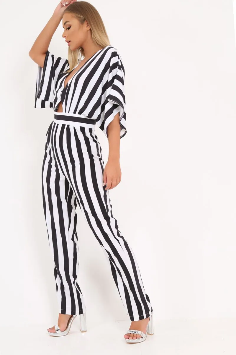 Black And White Stripe Kimono Sleeve Jumpsuit - Pilar