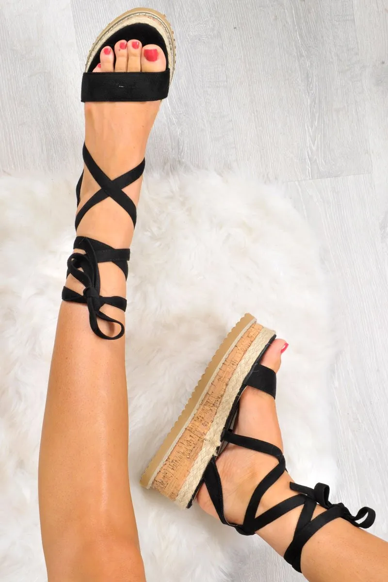 Black Faux Suede Lace Up Platform Wedges - Camara