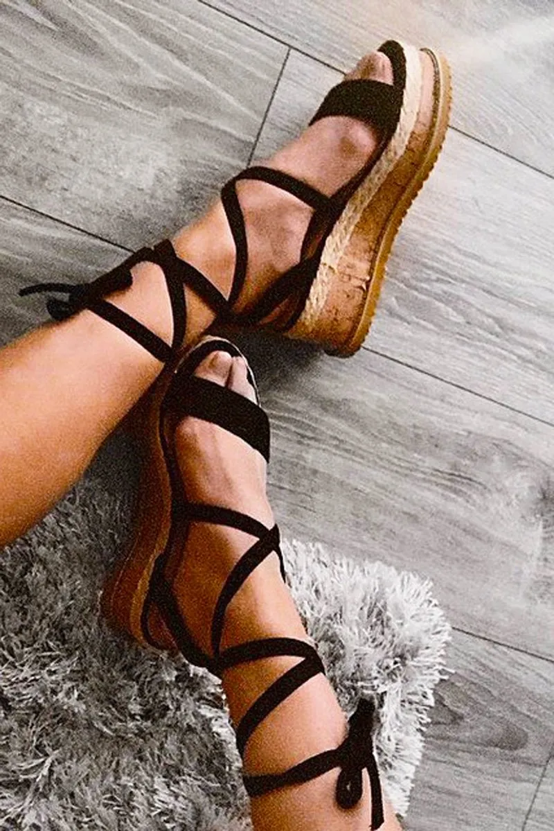 Black Faux Suede Lace Up Platform Wedges - Camara