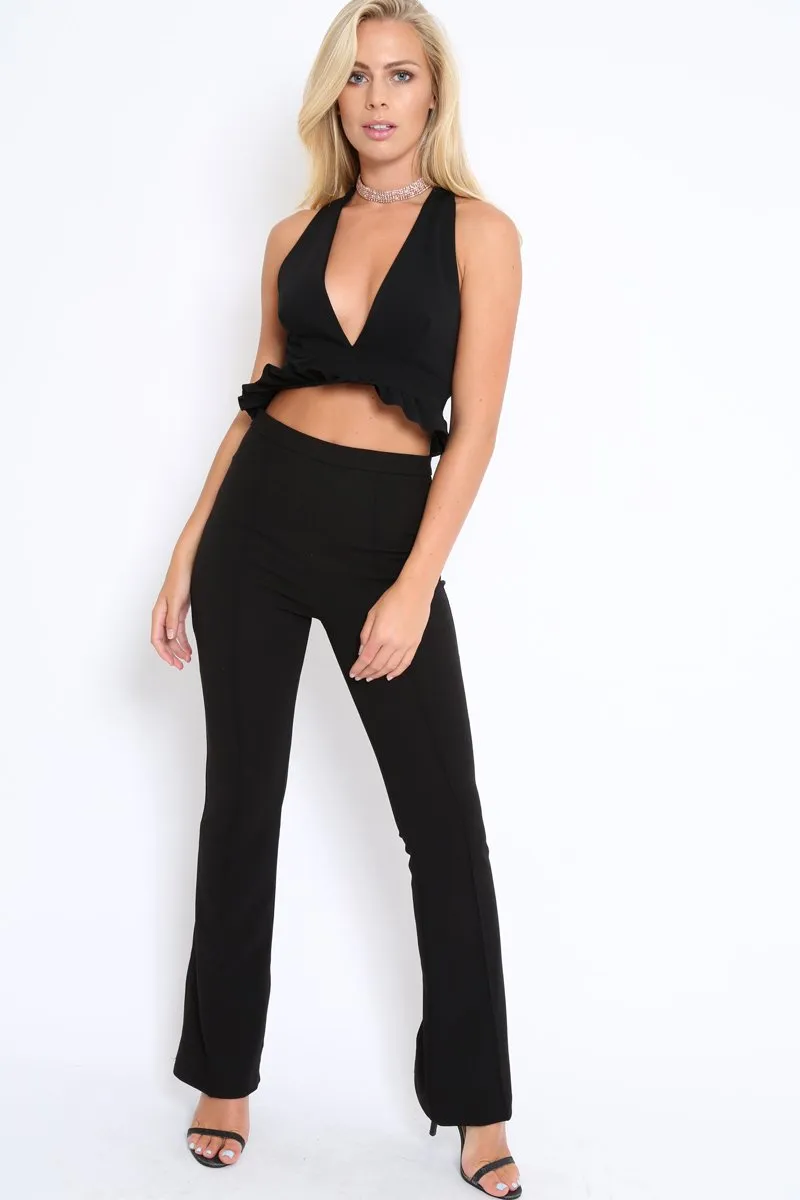 Black Frill Hem Racer Back Crop Top - Lucie