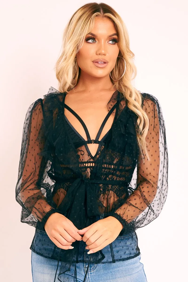 Black Polka Mesh Long Sleeve Ruffle Blouse - Lattie