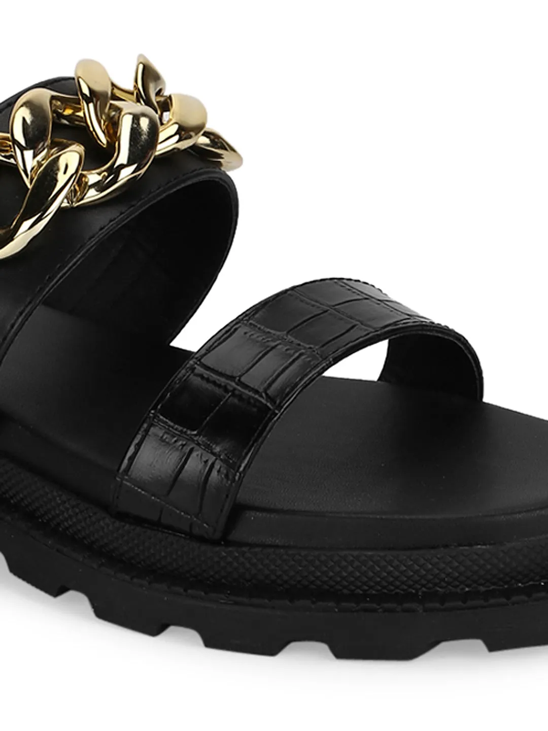 Black PU Chained Platform Flats (TC-ST-1219-BLKPU)