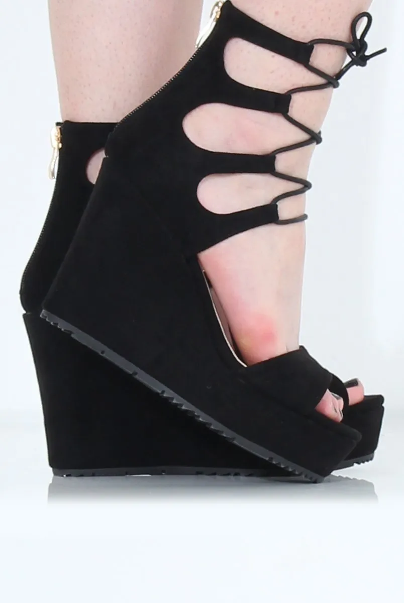 Black Suede Tie Up Wedges - Magna