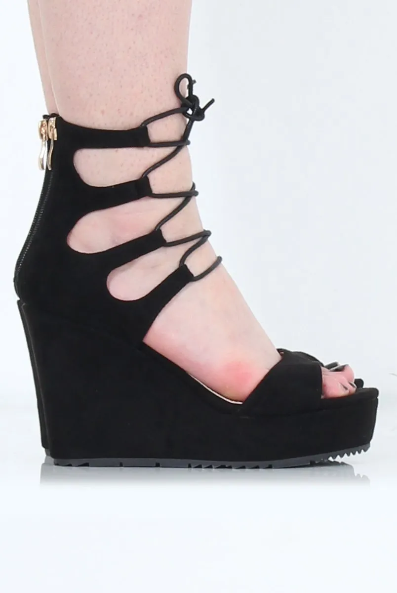 Black Suede Tie Up Wedges - Magna