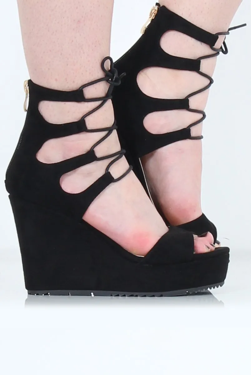 Black Suede Tie Up Wedges - Magna