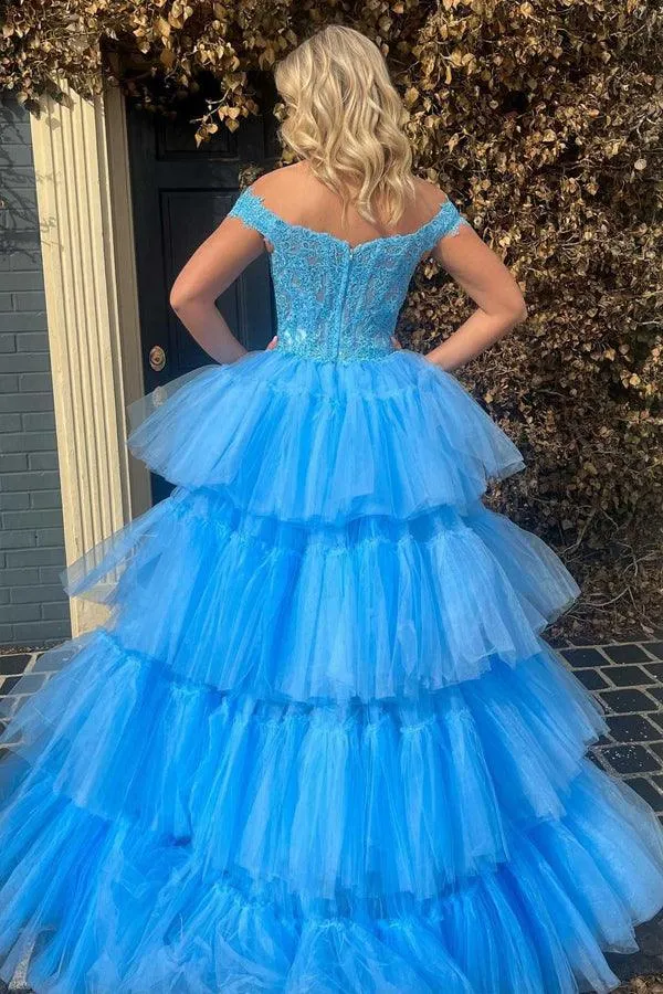 Blue Tulle Lace Off-the-Shoulder High-Low Tiered Prom Dress PSK397