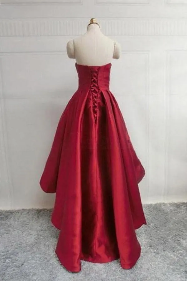 Burgundy Sweetheart Satin High Low Homecoming Dresses Short Prom Dress PD303