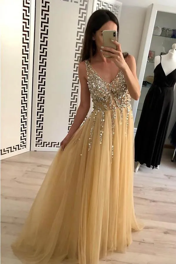 Charming A Line Tulle V Neck Floor Length Prom/Evening Dresses Beads  PG907