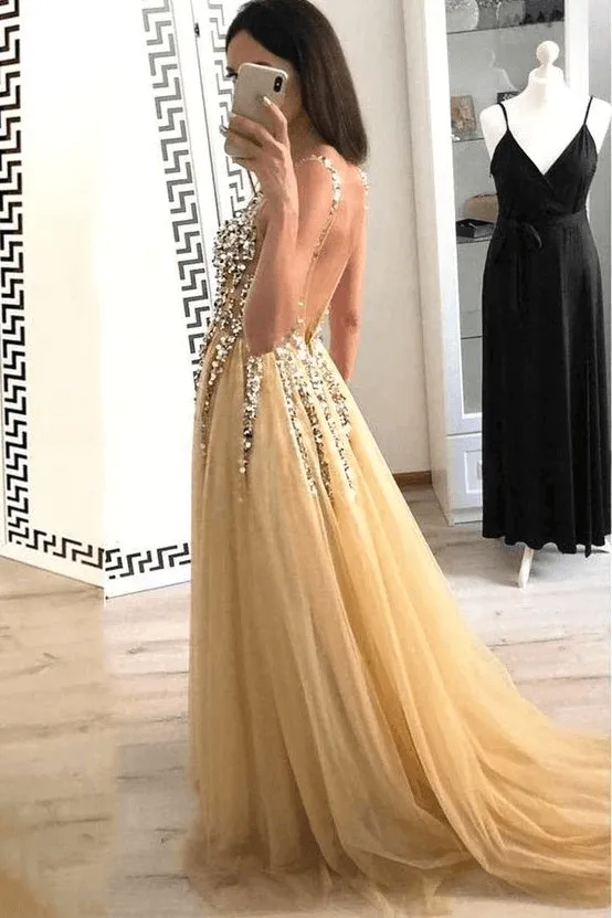 Charming A Line Tulle V Neck Floor Length Prom/Evening Dresses Beads  PG907