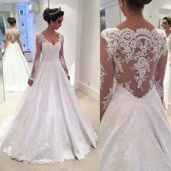 Charming V Neck Appliques A Line Wedding Dress With Long Sleeves WD023