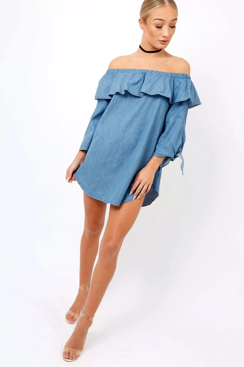 Denim Blue Frill Bardot Dress - Layna