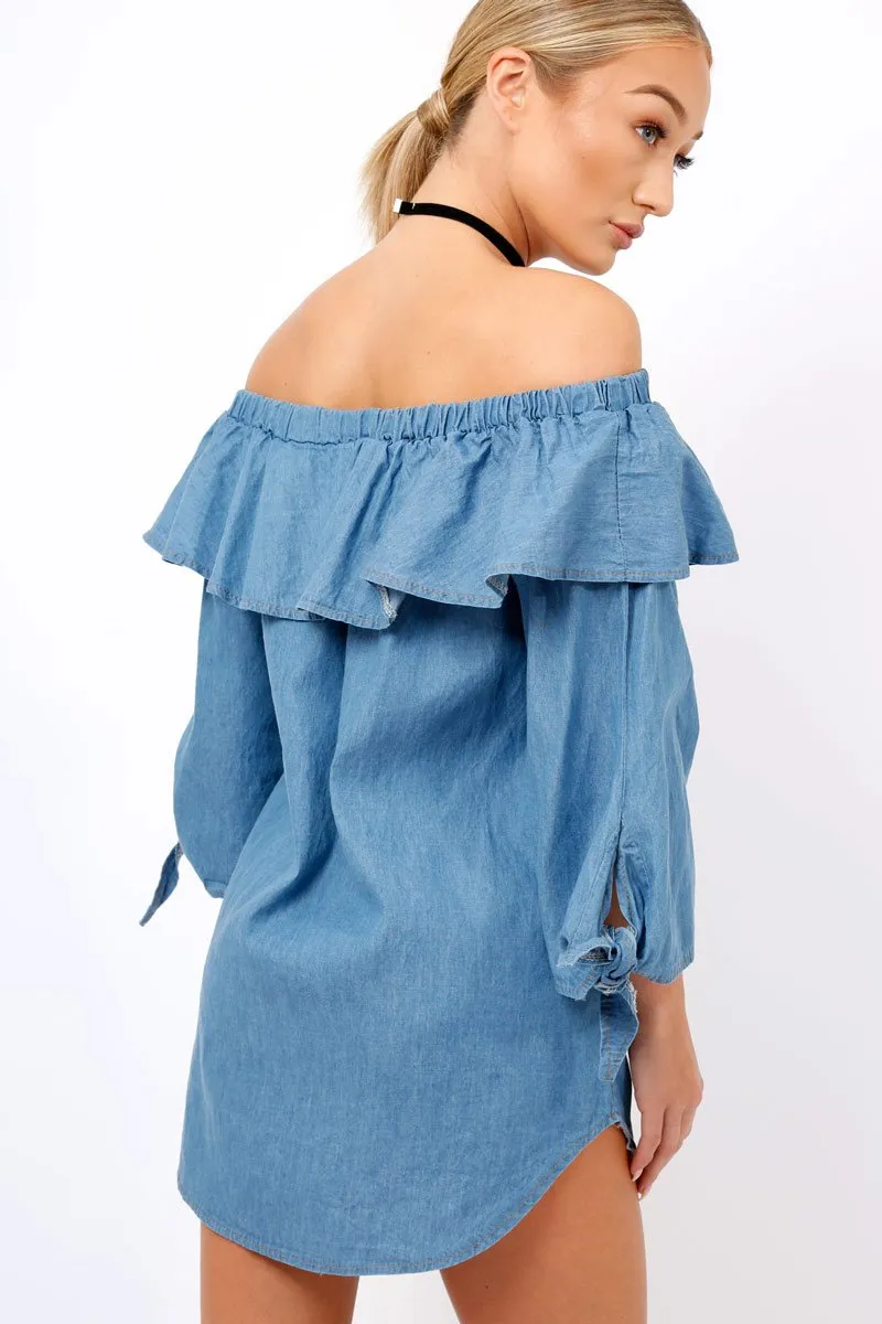 Denim Blue Frill Bardot Dress - Layna