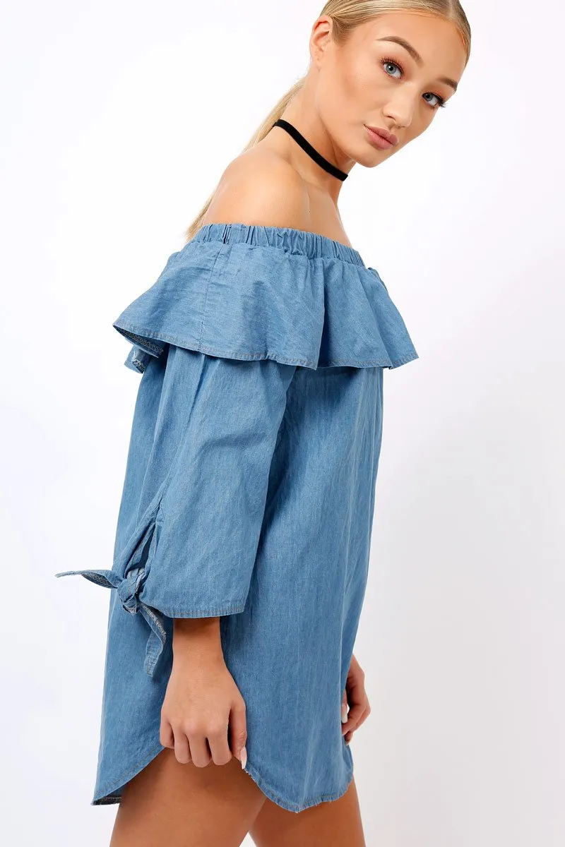 Denim Blue Frill Bardot Dress - Layna