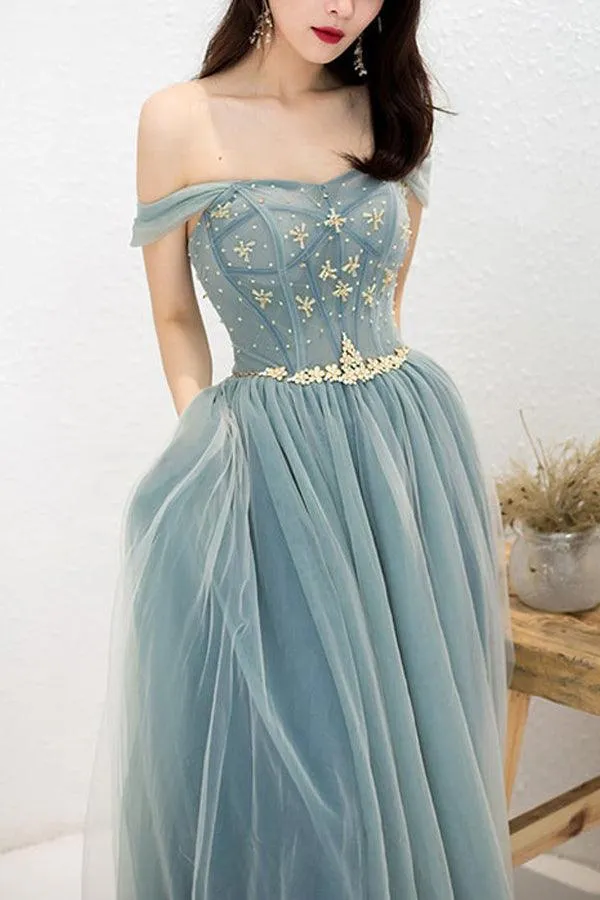 Elegant Off Shoulder A-Line Beaded Long Prom Dress with Appliques PSK183