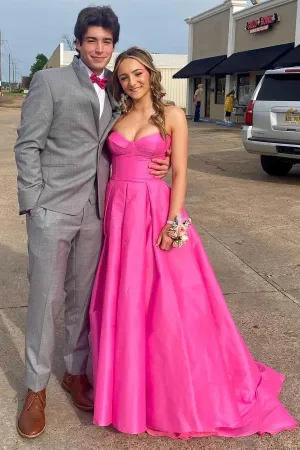 Fuchsia Strapless Satin Sweeping Long Prom Evening Dress With Pockets PSK432