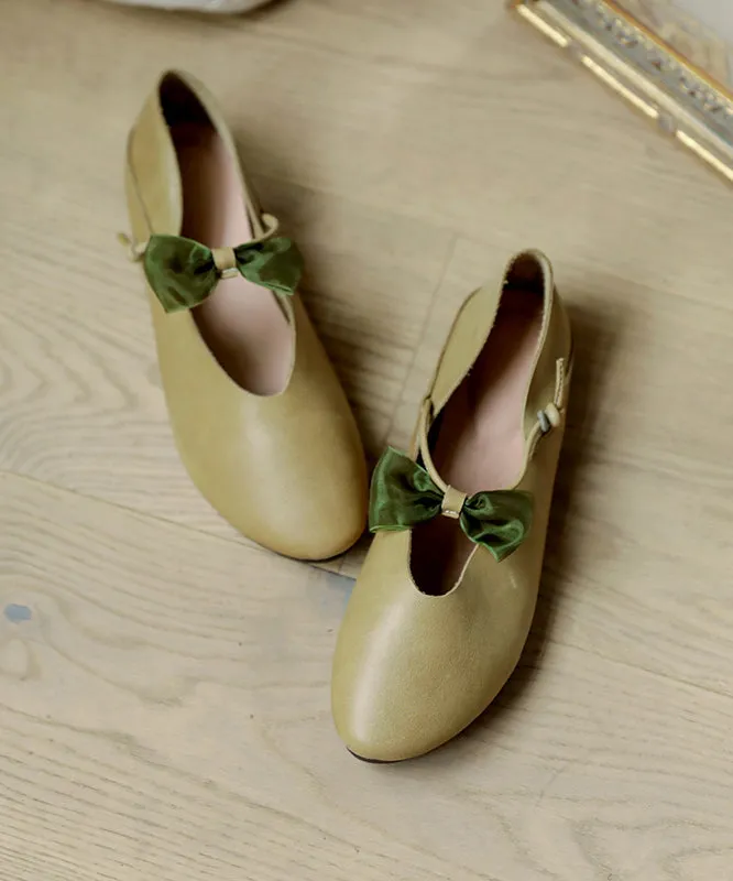 Green Flats Cowhide Leather Fashion Bow Buckle Strap Flats