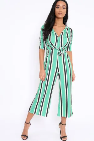 Green Striped Tie Front Jumpsuit - Tabatha