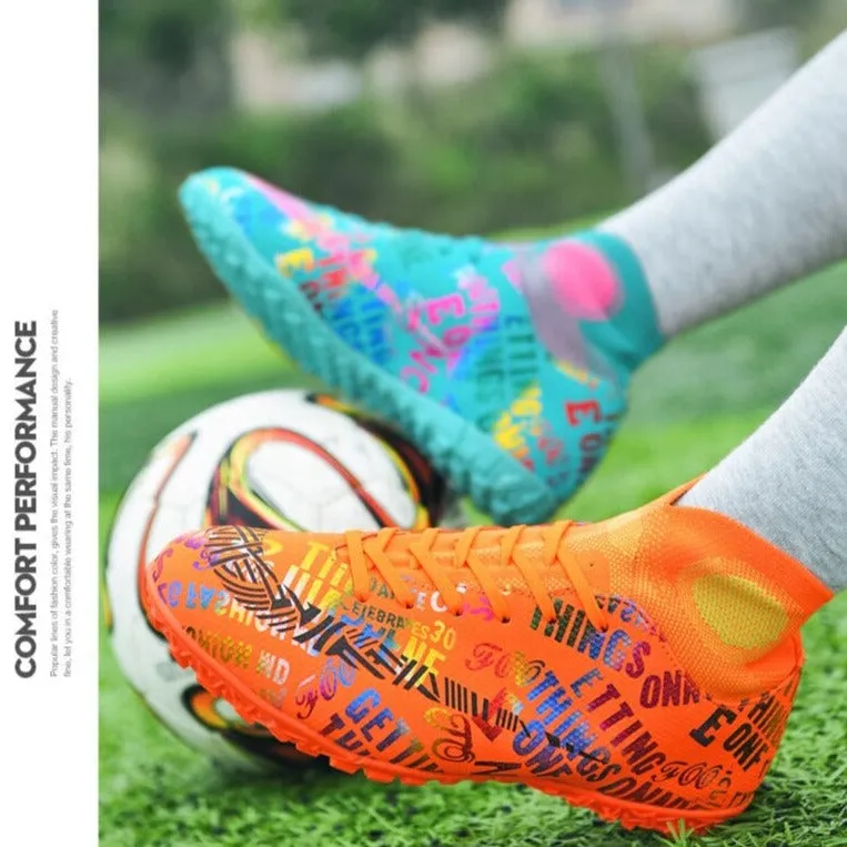 High Ankle Mismatched Dual Color Indoor Turf Soccer Shoes Cleats