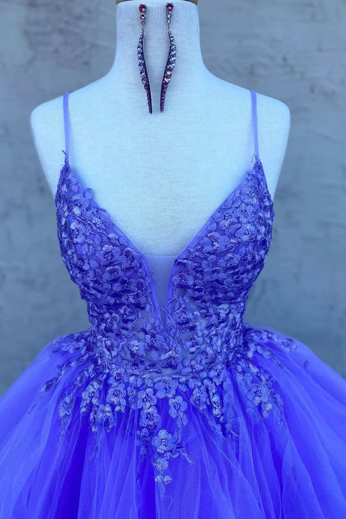 High Low V Neck Purple Lace Long Prom Dress, Lilac Lace Formal Dress, Purple Evening Dress A1697