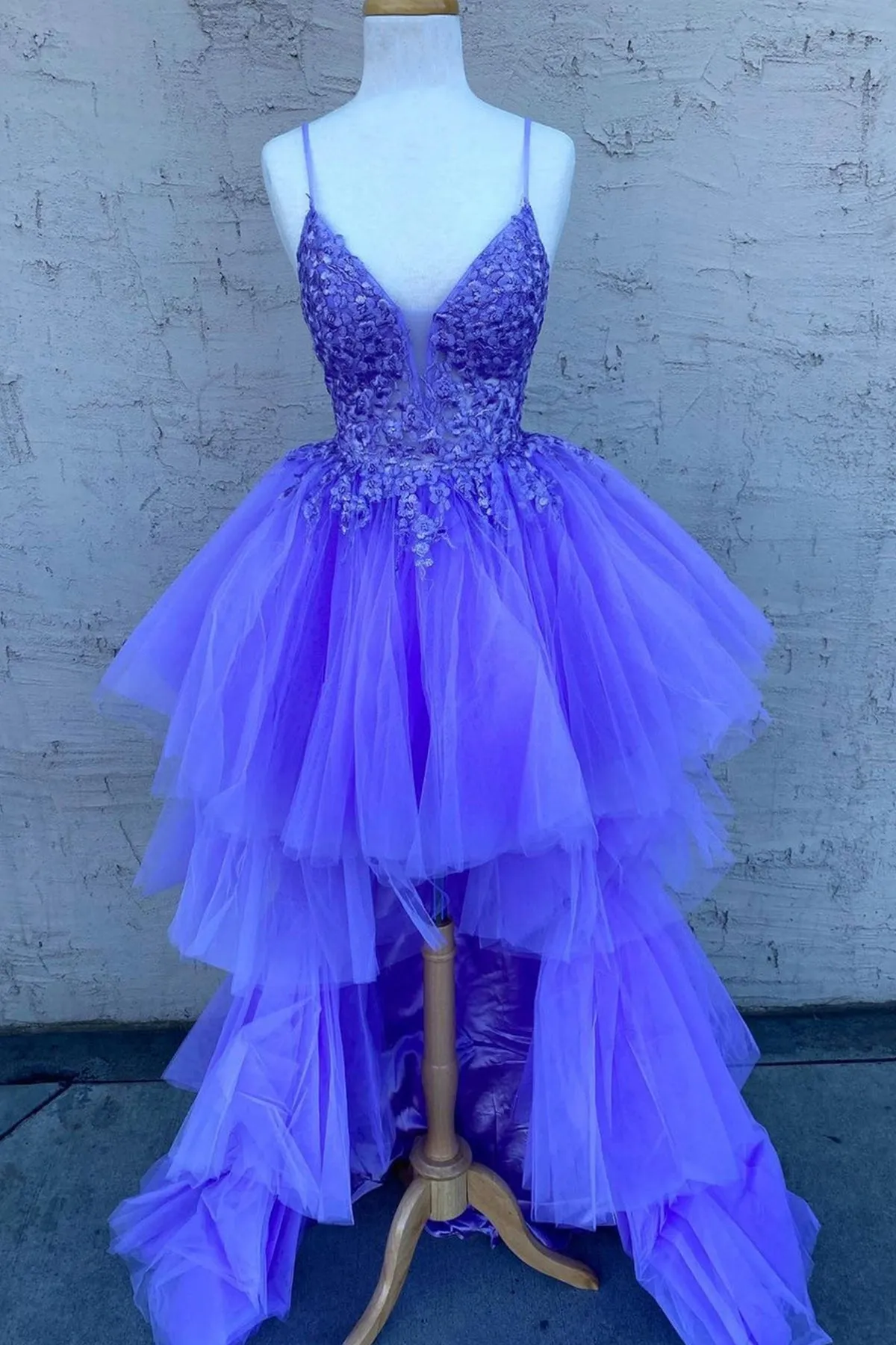 High Low V Neck Purple Lace Long Prom Dress, Lilac Lace Formal Dress, Purple Evening Dress A1697