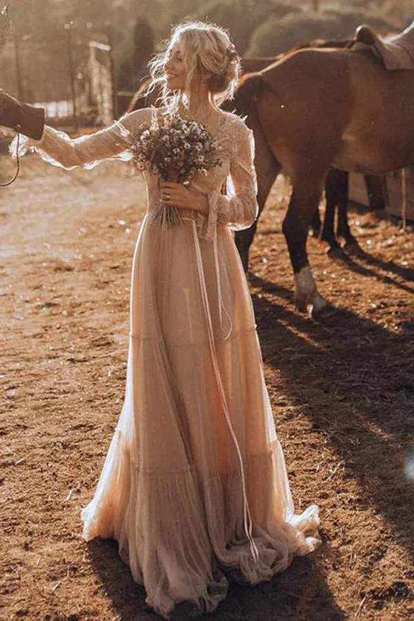 Light Brown Long Sleeve Boho Wedding Dress Rustic Wedding Dress WD741