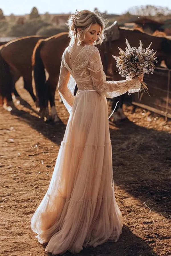 Light Brown Long Sleeve Boho Wedding Dress Rustic Wedding Dress WD741