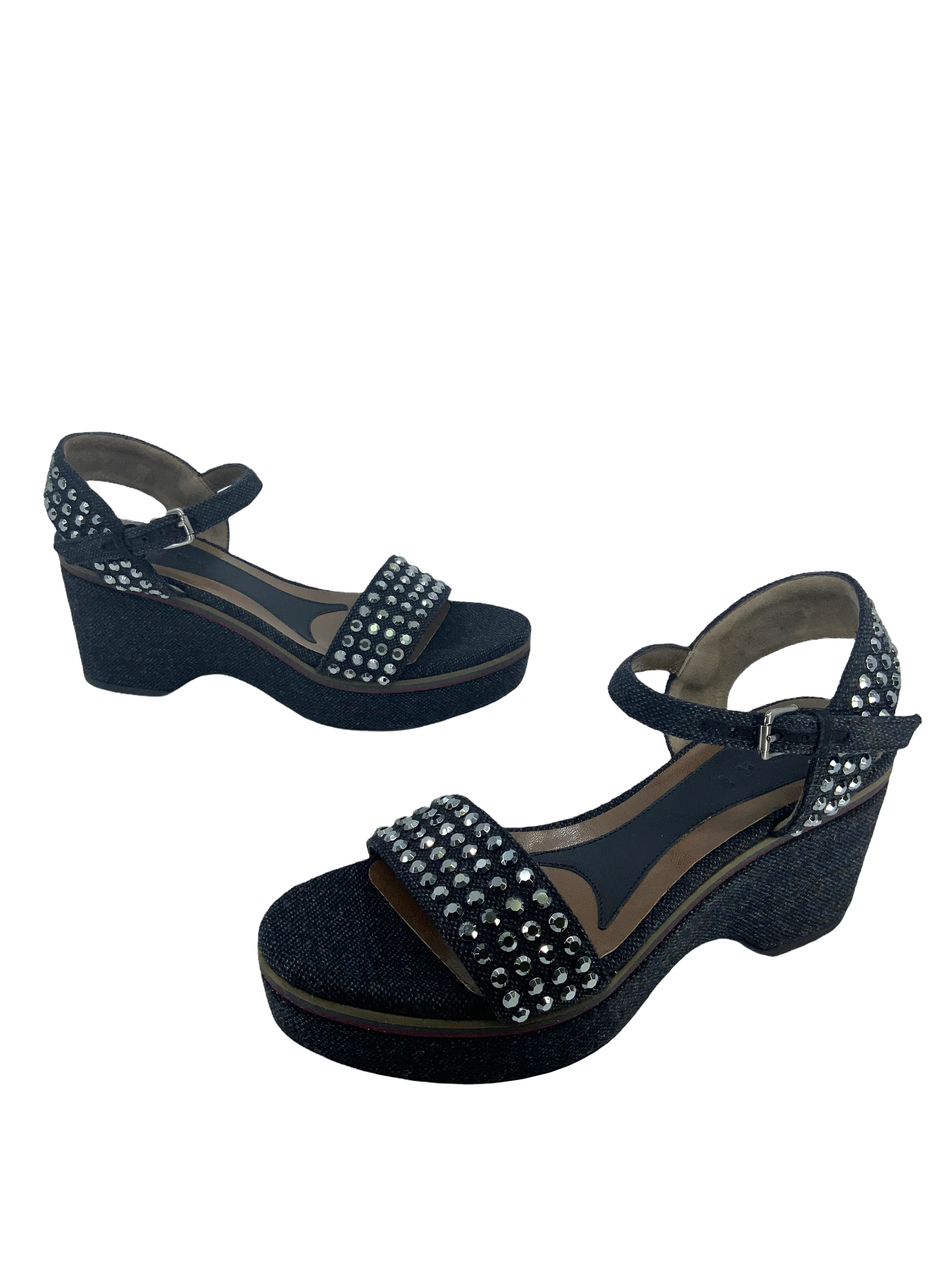 MARNI Studded Denim Ankle Strap Wedge Sandals Size 9