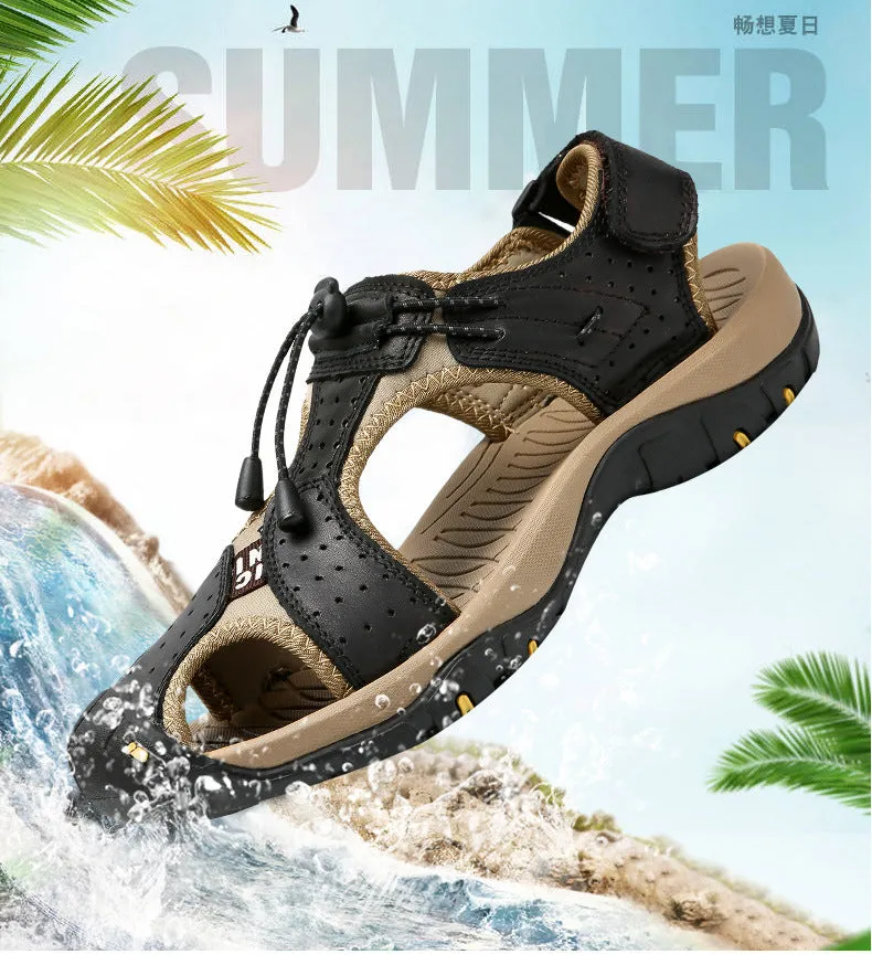 Men Leather Sandals Hiking Hiking Shoes Outdoor Trekking Sandals Breathable Sports Shoes Hook Loop Shoes