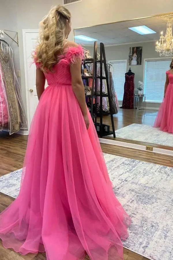 Off Shoulder Hot Pink Tulle Prom Dresses with 3D Flowers PSK534