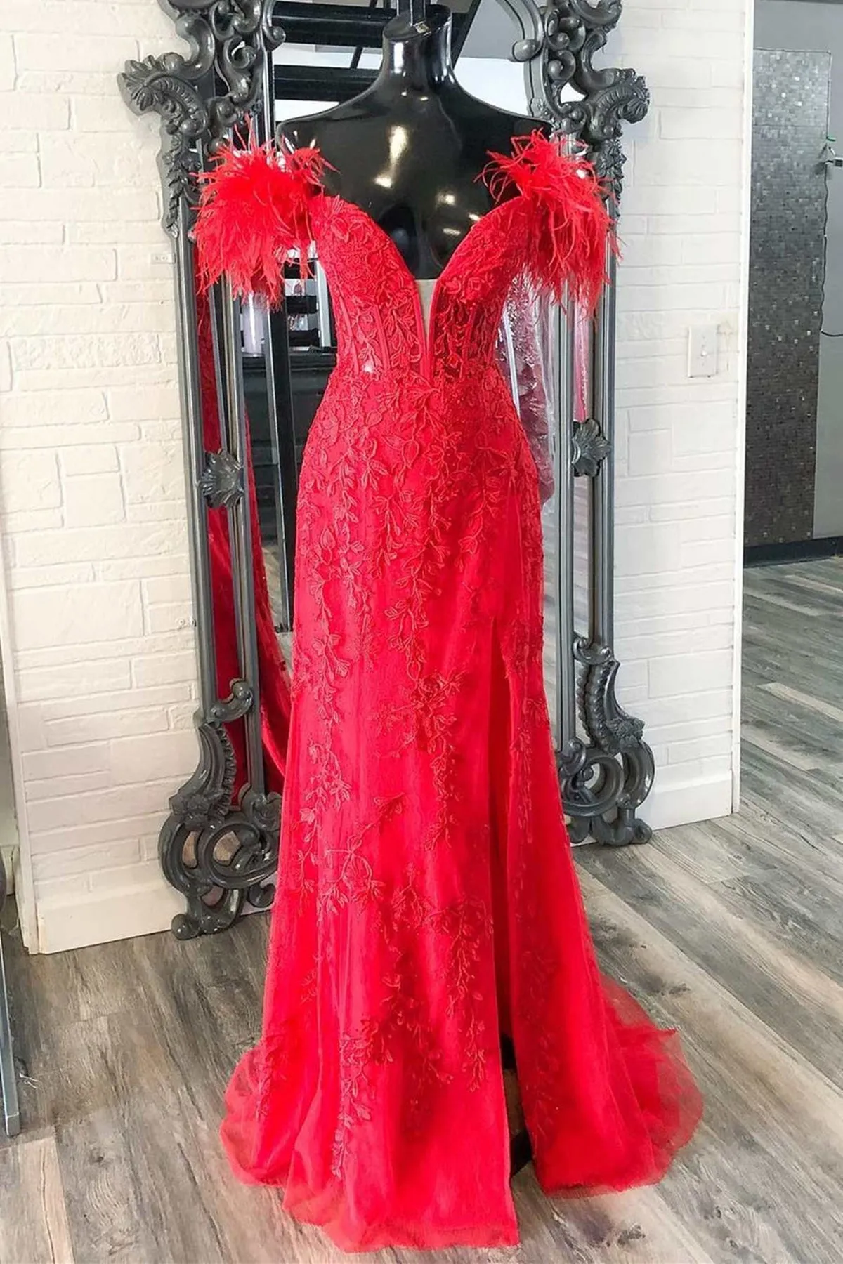 Off Shoulder V Neck Mermaid Red Lace Long Prom Dress with High Slit, Mermaid Red Formal Dress, Red Lace Evening Dress A1743